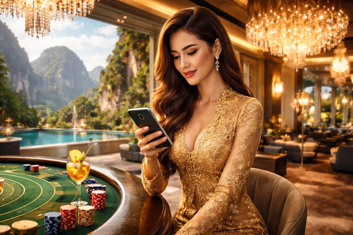 Pengguna berbaju kebaya bermain kasino slot mudah alih di Ipoh
